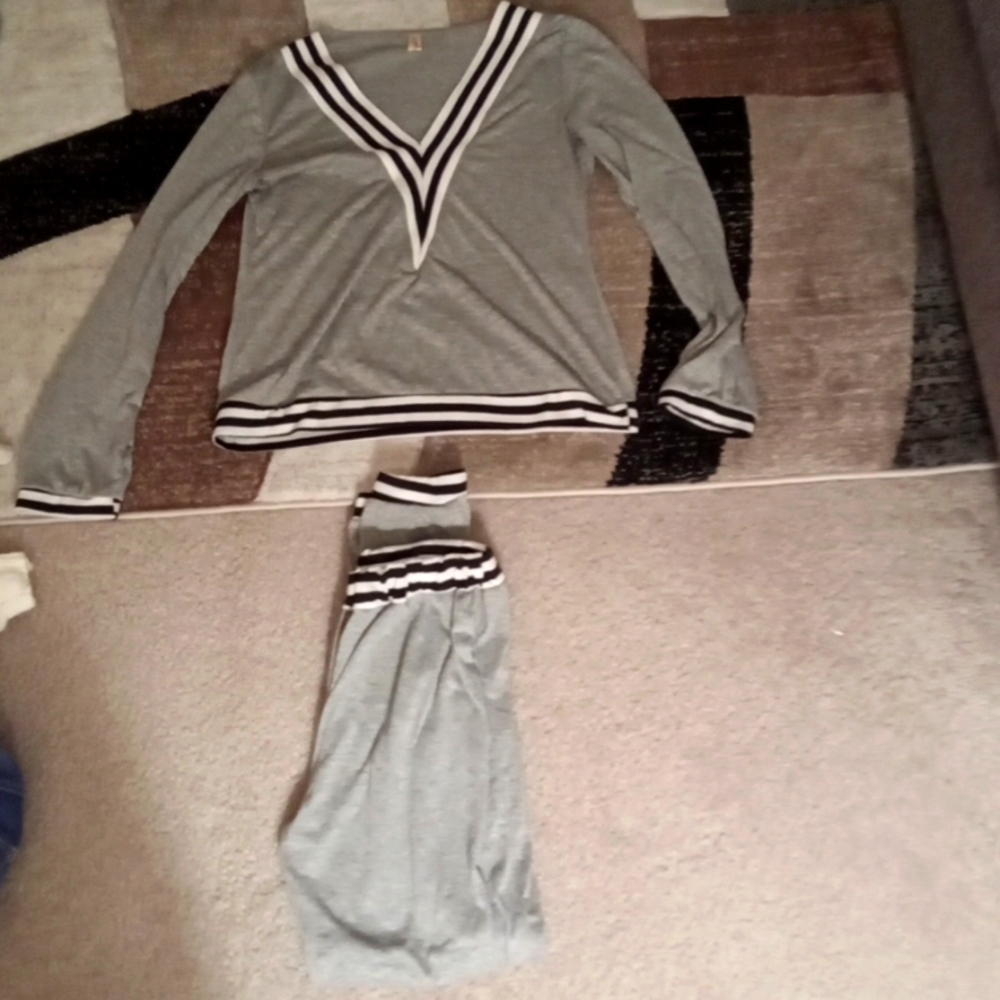 YouBoya gray and white striped pants set very light light material v neck
